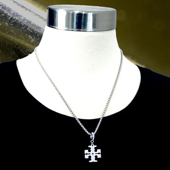 TORY BURCH STATEMENT SILVER DOUBLE T LOGO NECKLACE - Picture 2 of 2